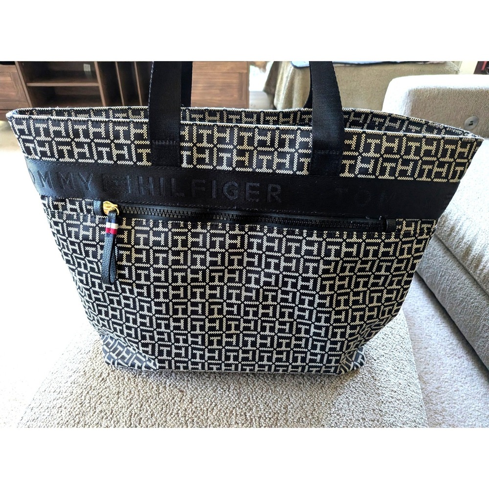Tommy Hilfiger Black White TH Monogram Jacquard Tote Bag Carryall